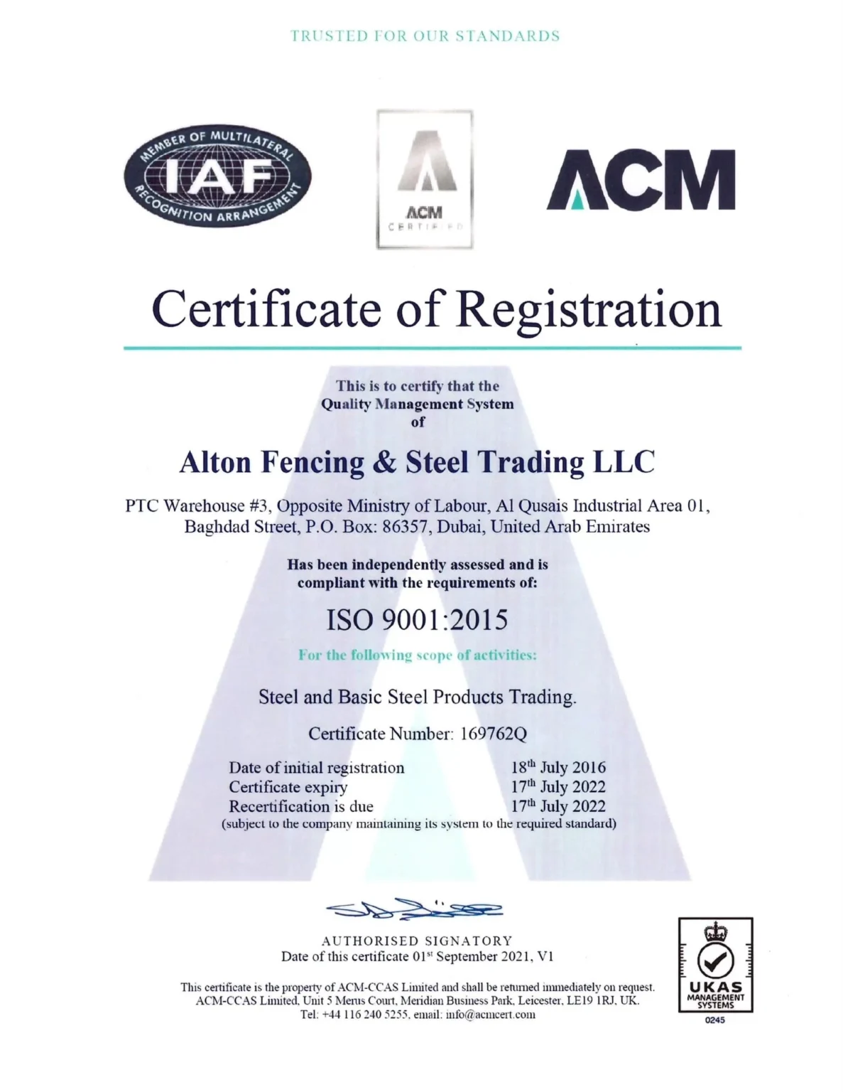 certificate of registration altonfence.ae